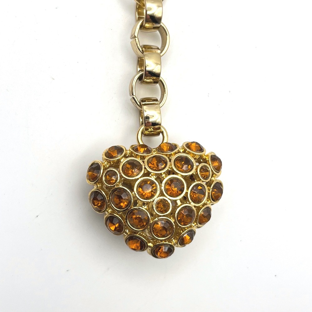 Vintage Gold Tone Amber Rhinestone Puffed Heart Bag Charm Keychain 4.5 Inch